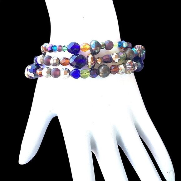 Artist made glass bead bracelet gold vermeil filagree clasp blue-silver-green - Picture 6 of 14